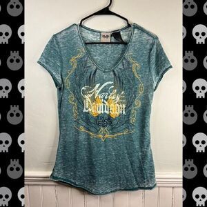 Harley Davidson Graphic Tee Green Burnout V Neck Biker Shirt Medium